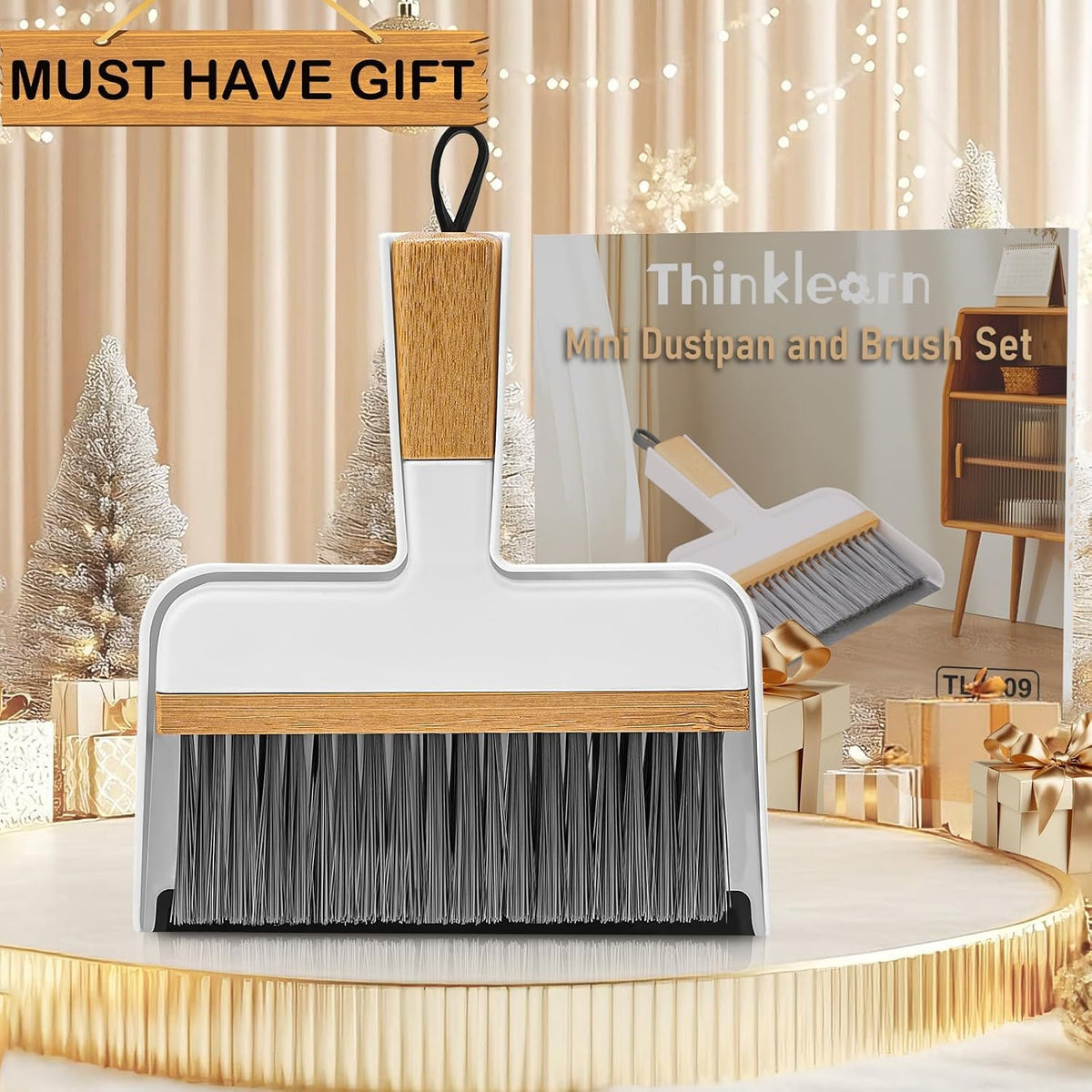 ThinkLearn Mini Dustpan and Brush Set, Bamboo Handle with Rubber Lip