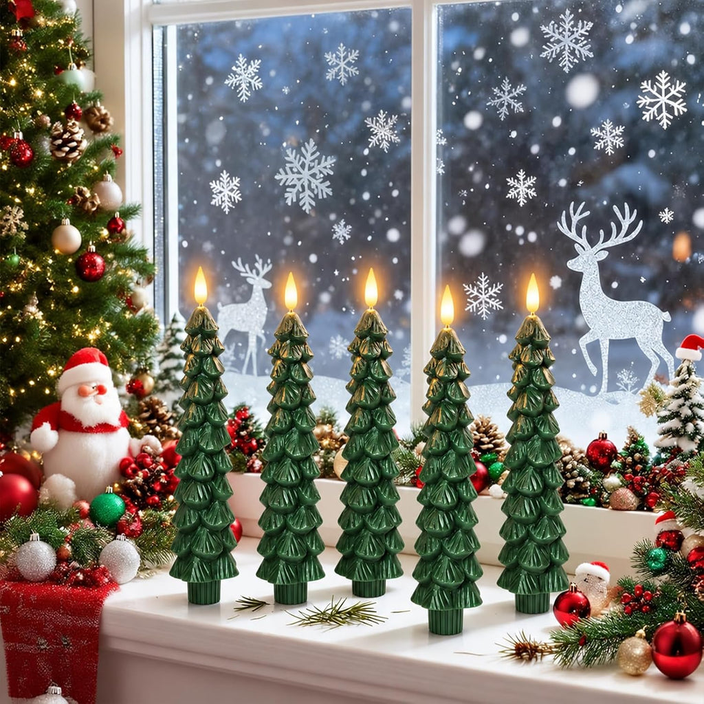 Flameless Christmas Tree Shaped Candles, Taper Xmas Window Decor Gifts