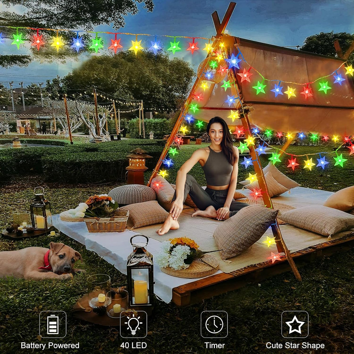 echosari 158IN Star String Lights Battery Operated Auto Timer Multicolor