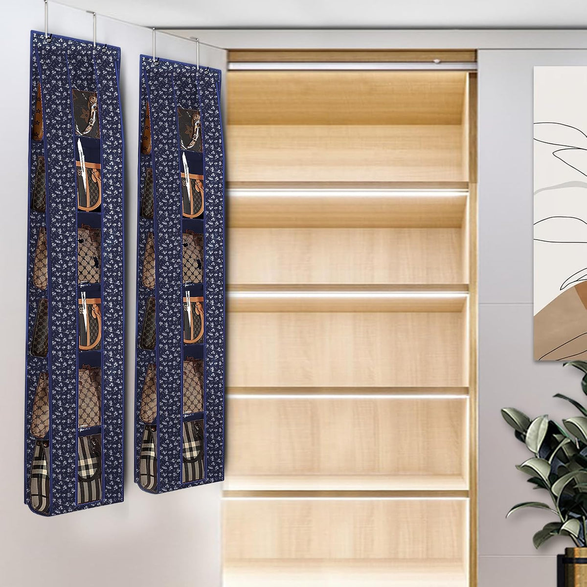 Lirex Over the Door Organizer, 2 Pack Handbag Storage with 6-Tier Space-Saving for Door or Closet, Handbag Hanger, Blue White Floral
