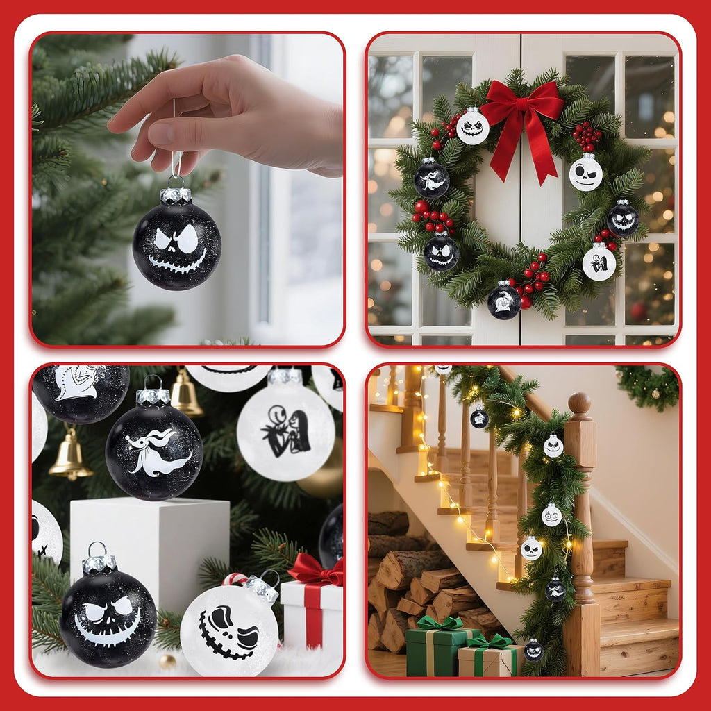 Nightmare Christmas Ball Ornaments Set, Skull Pattern Jack White and Black Xmas Tree Decorations, Plastic Shatterproof Hanging Balls Halloween Decor, 2.36”/60mm (24, White and Black)