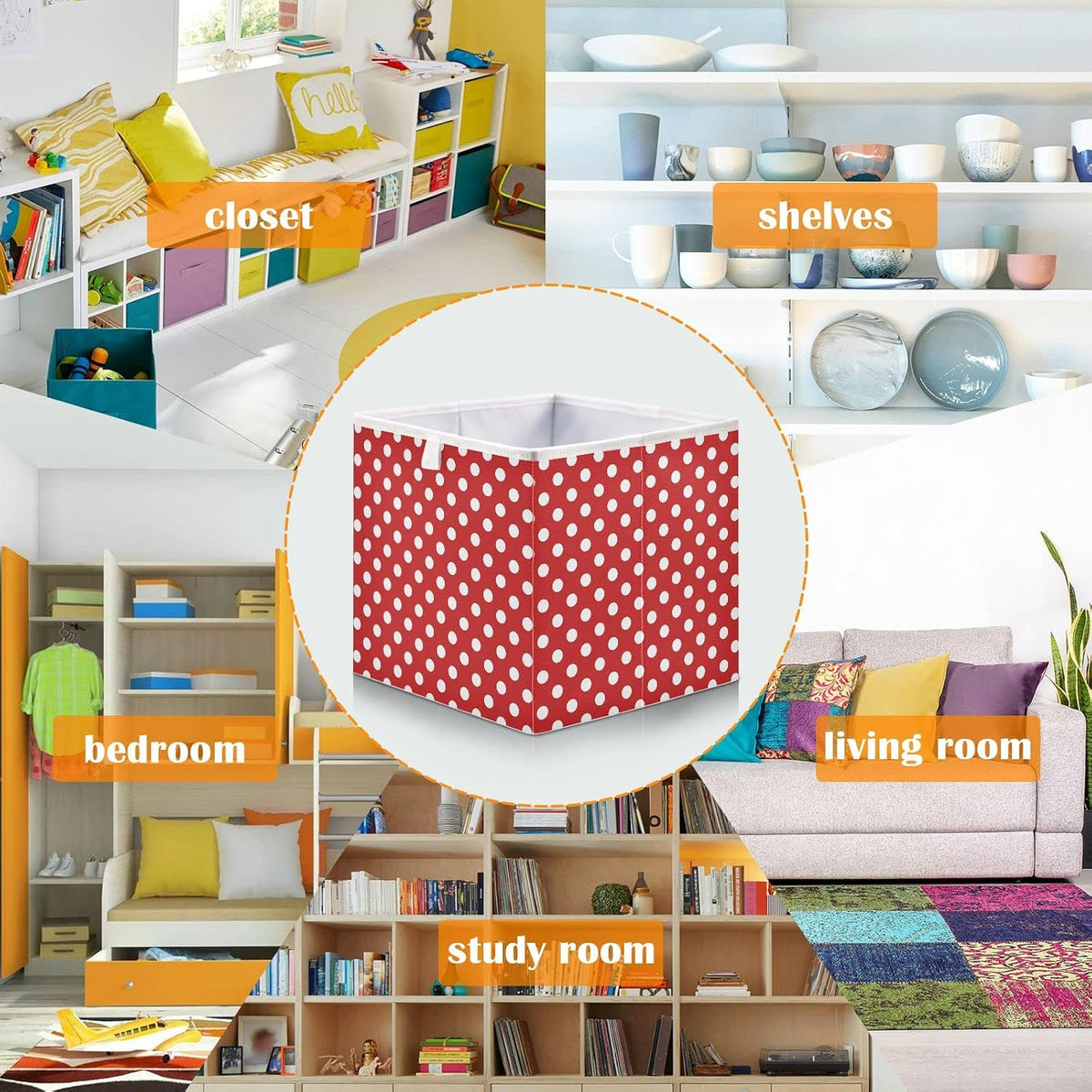 CaTaKu Red Polka Dot Cubes Storage Bins 11 inch Collapsible Fabric Storage Baskets Shelves Organizer Foldable Decorative Bedroom Storage Boxes for Organizing Home
