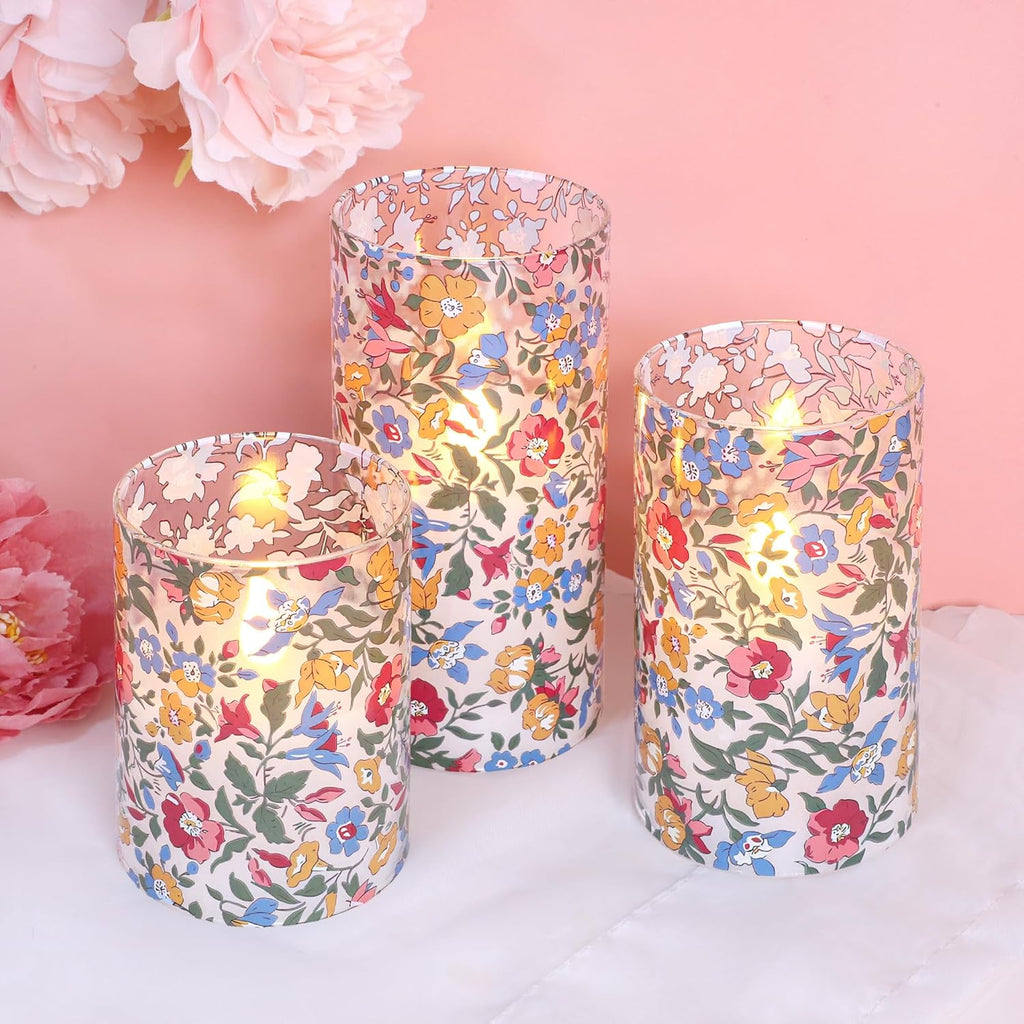 Floral Glass Flameless Candles with Remote, Spring Wildflower Design LED Candles, 3D Wick Flickering Battery Operated Candles for Home Decor, Bedroom, Wedding, Table Centerpiece