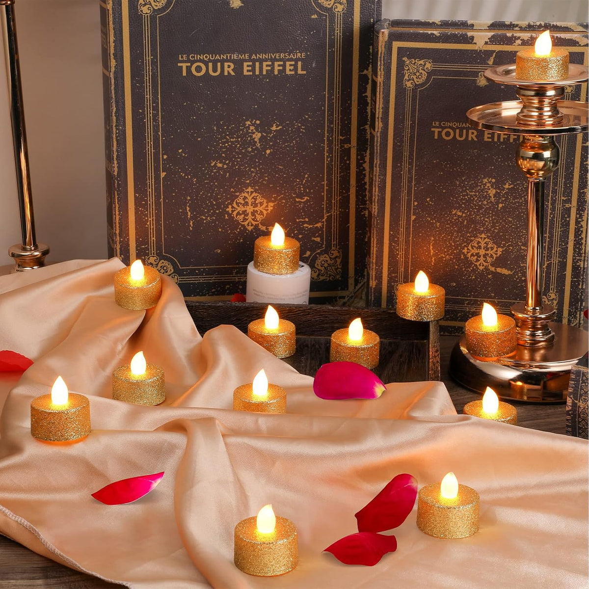 Mudder 24 Pieces Gold Tea Lights LED Candles Tealights Battery Flameless
