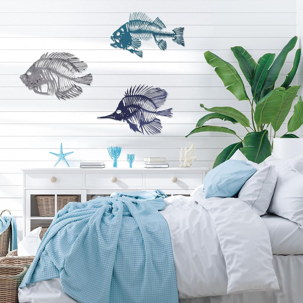 Zhengmy 3 Pcs Metal Fish Wall Art, Fishing Wall Decor, Various Color