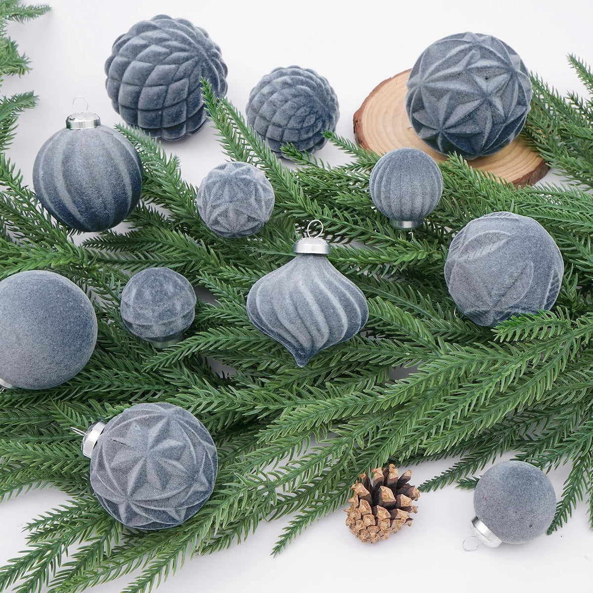46PCS Velvet Christmas Ball Ornaments Set, Flocked Shatterproof Xmas Tree Decor, Assorted Hanging Ornaments with Loop for Holiday Home Decor, Christmas Tree Decoration (Gray Blue)