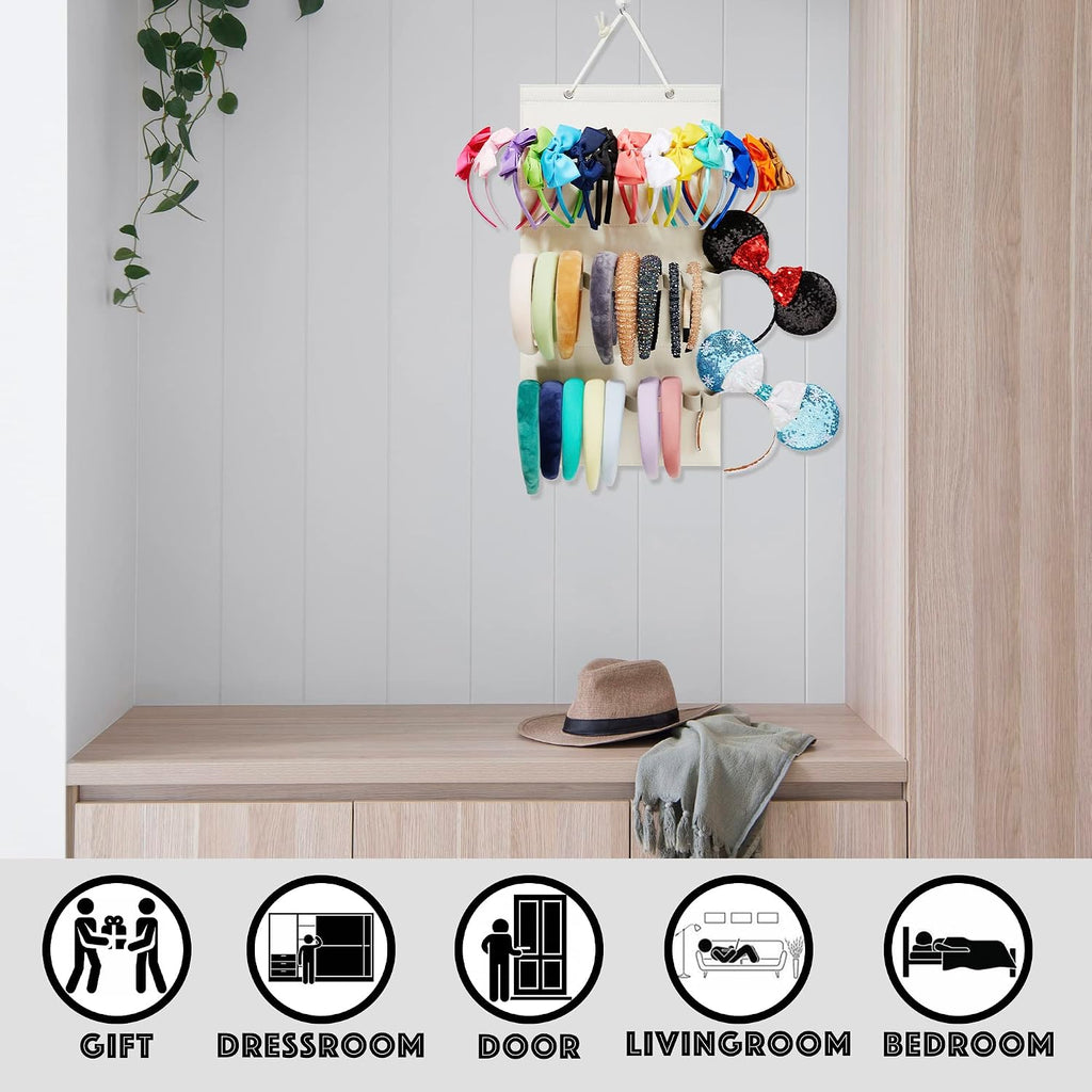 Hanging Headband Organizer with 30 Elastic Loops for Women Girls Headbands Display, Wall Headband Holder Organizer for Home (Beige)