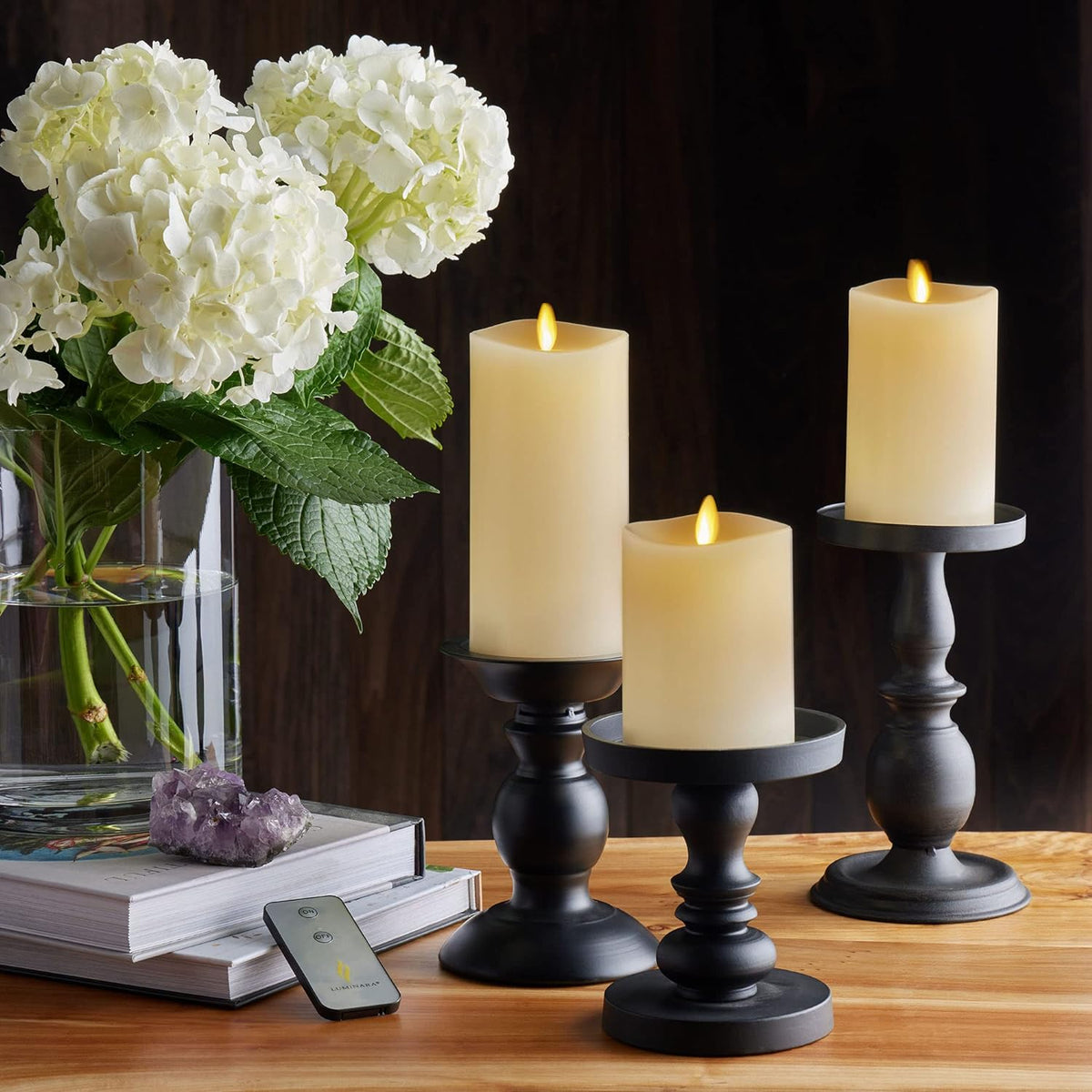 Luminara Realistic Flameless LED Set of 3 Ivory Pillar Candles, Home Safe Moving Flame Melted Top Illumination, Battery Operated Remote Control w/Timer