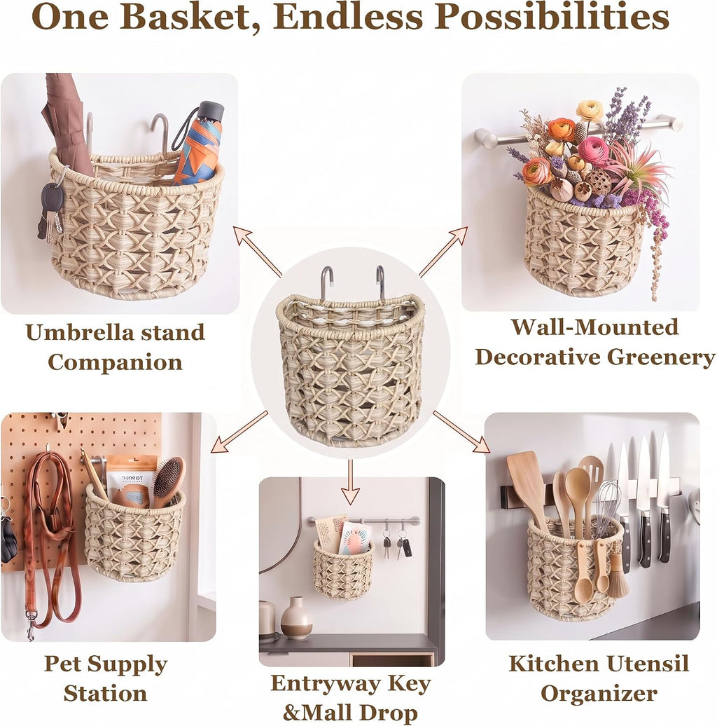 Wicker Umbrella Stand for Entryway, Handwoven PE Rattan with Side Basket