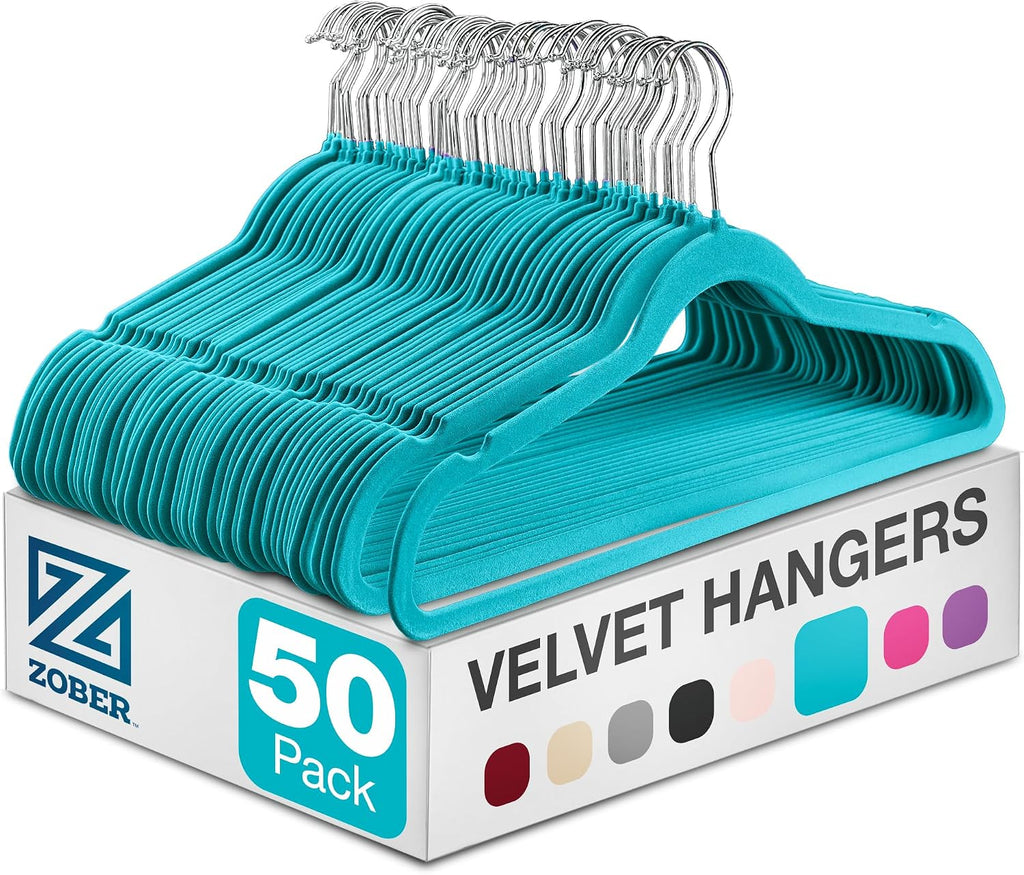Zober Turquoise Velvet Hangers 50 Pack, Slim Non Slip Clothes Hangers