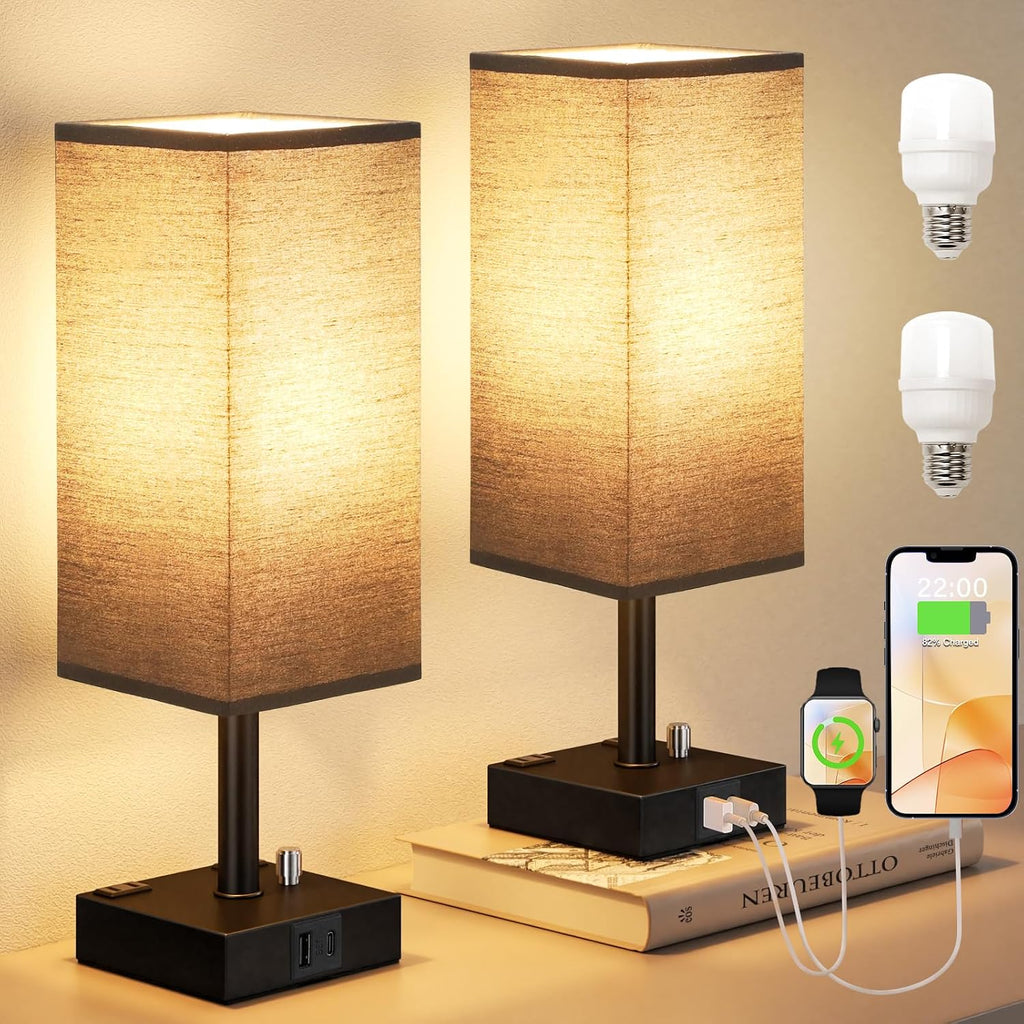 Black Bedside Table Lamps Set of 2 - Dimmable, USB C+A, 2 AC Outlets