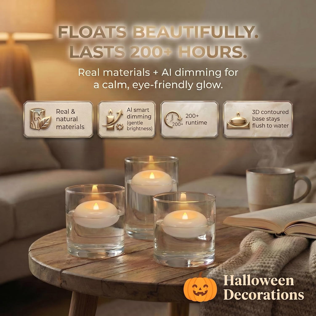 Aignis 24 Pack Waterproof Flameless Floating Candles, 200-Hour Battery Operated 2.2" LED Tea Lights, Water-Activated Flickering Warm White Glow for Halloween, Wedding Centerpieces, Pool