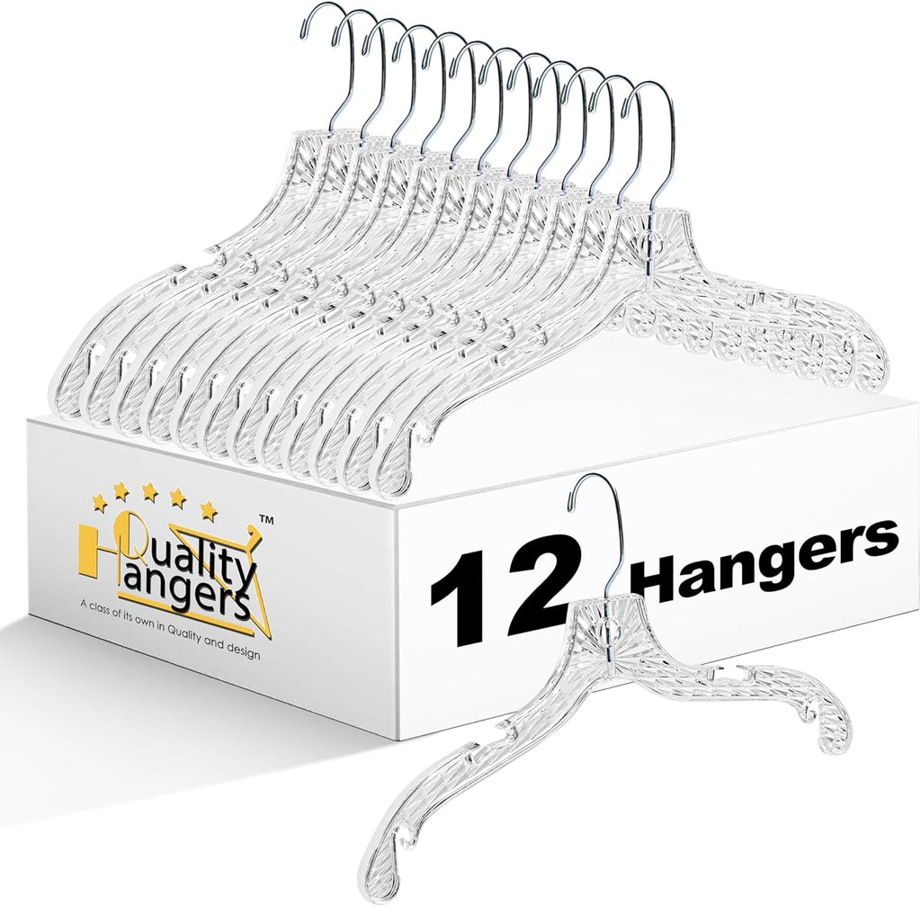 Quality Hangers 12 Pack Crystal Clear Plastic Hangers with Easy Swivel 360 Degree Hook Slim Crystal Coat Hangers 17 Inches (12, 17")
