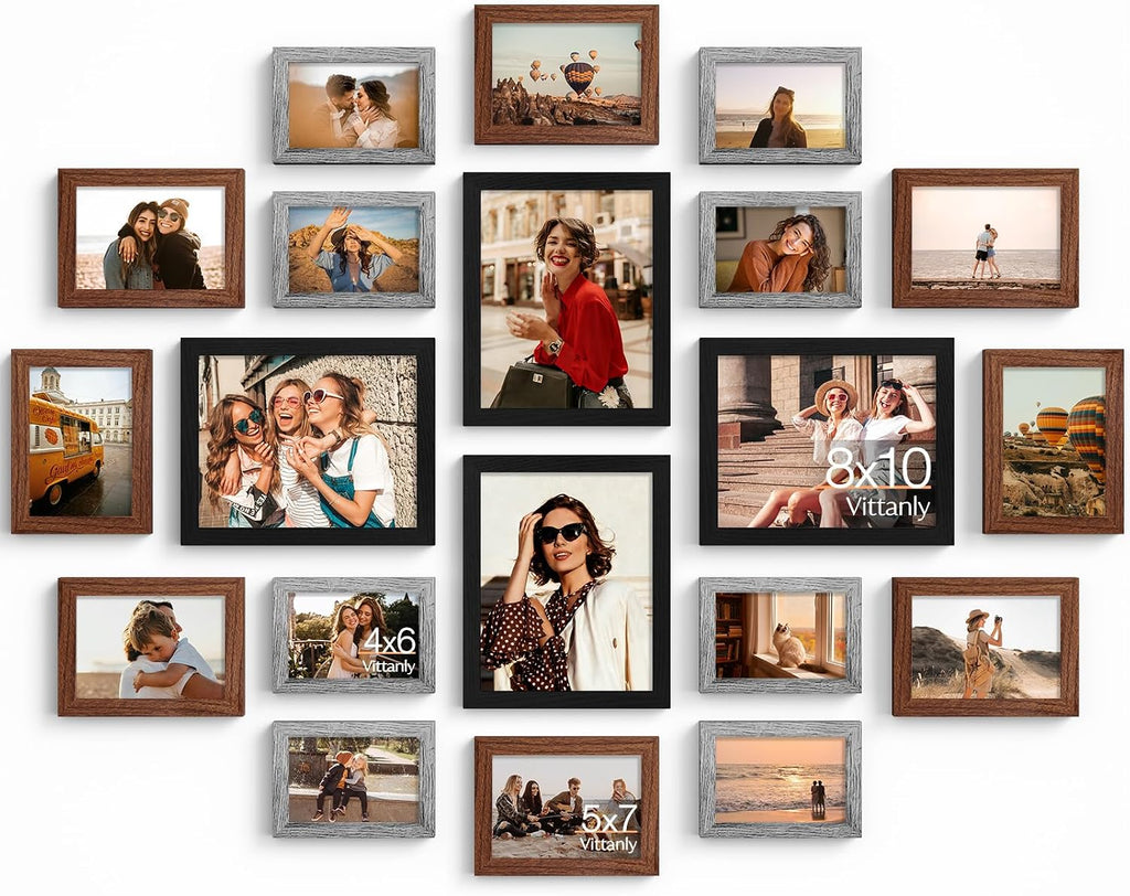 Vittanly 20 Pack Gallery Wall Frame Set, Black, Walnut Brown, Grey