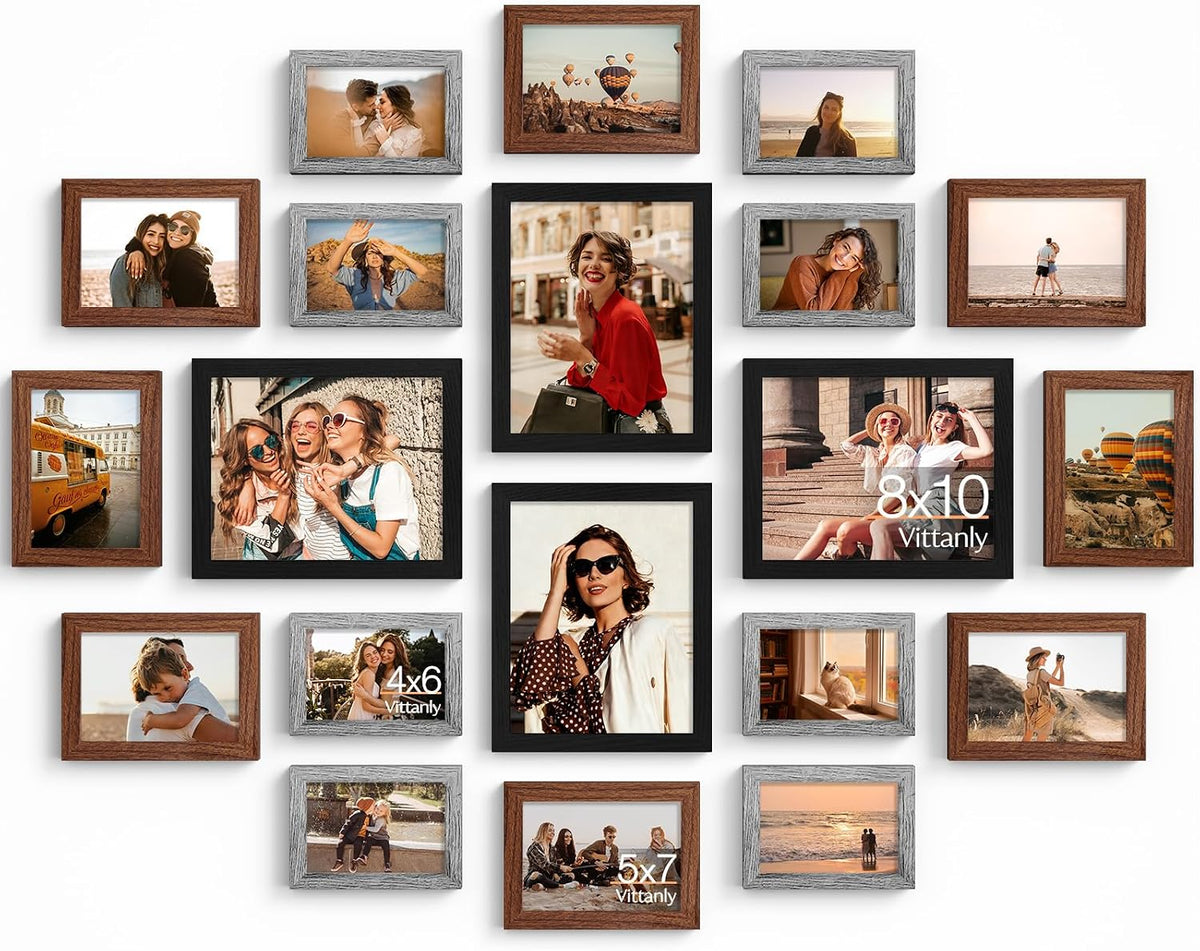 Vittanly 20 Pack Gallery Wall Frame Set, Black, Walnut Brown, Grey
