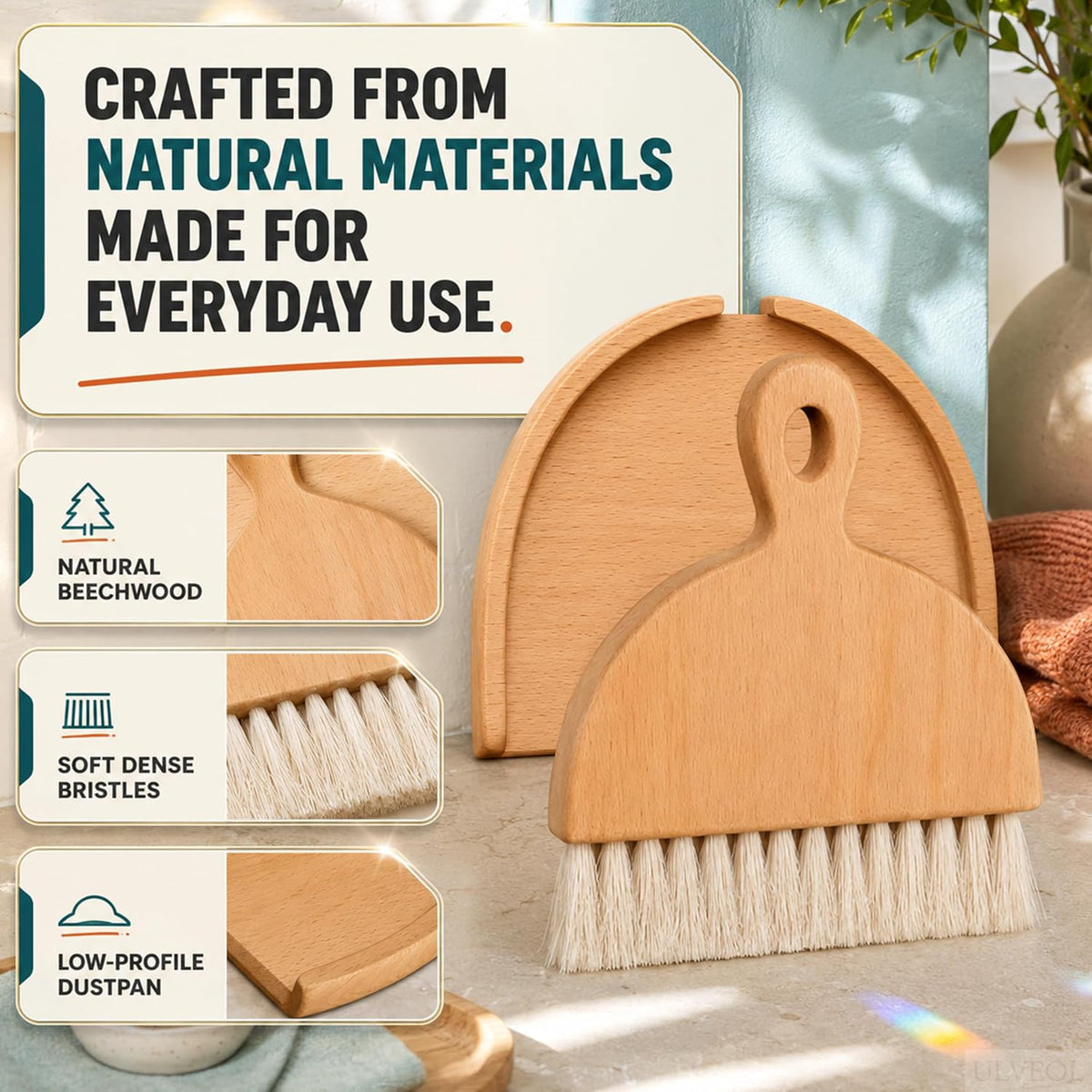 Desktop Table Dustpan and Brush Set for Home - Portable Cleaning Combo with Real Wood - Compact Brush for Sweeping