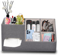 Plus Size Tissue Box Cover-Square Linen Tissue Cover with Side Storage and Tray,Modern Makeup Organizer,Leather Tissue Holder Decorative Cube Organizer for Living Room Vanity NightStand Office,Grey