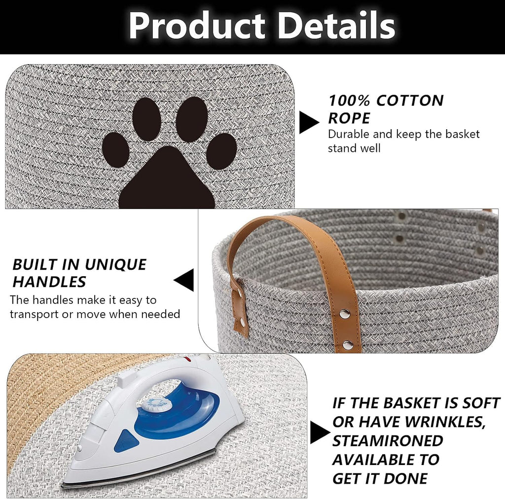 Cotton dog toy basket storage, puppy toy basket, puppy bins, laundry basket blanket storage bin - Perfect for organizing pet toys, blankets, leashes, pee mats and diapers - Graykhaki