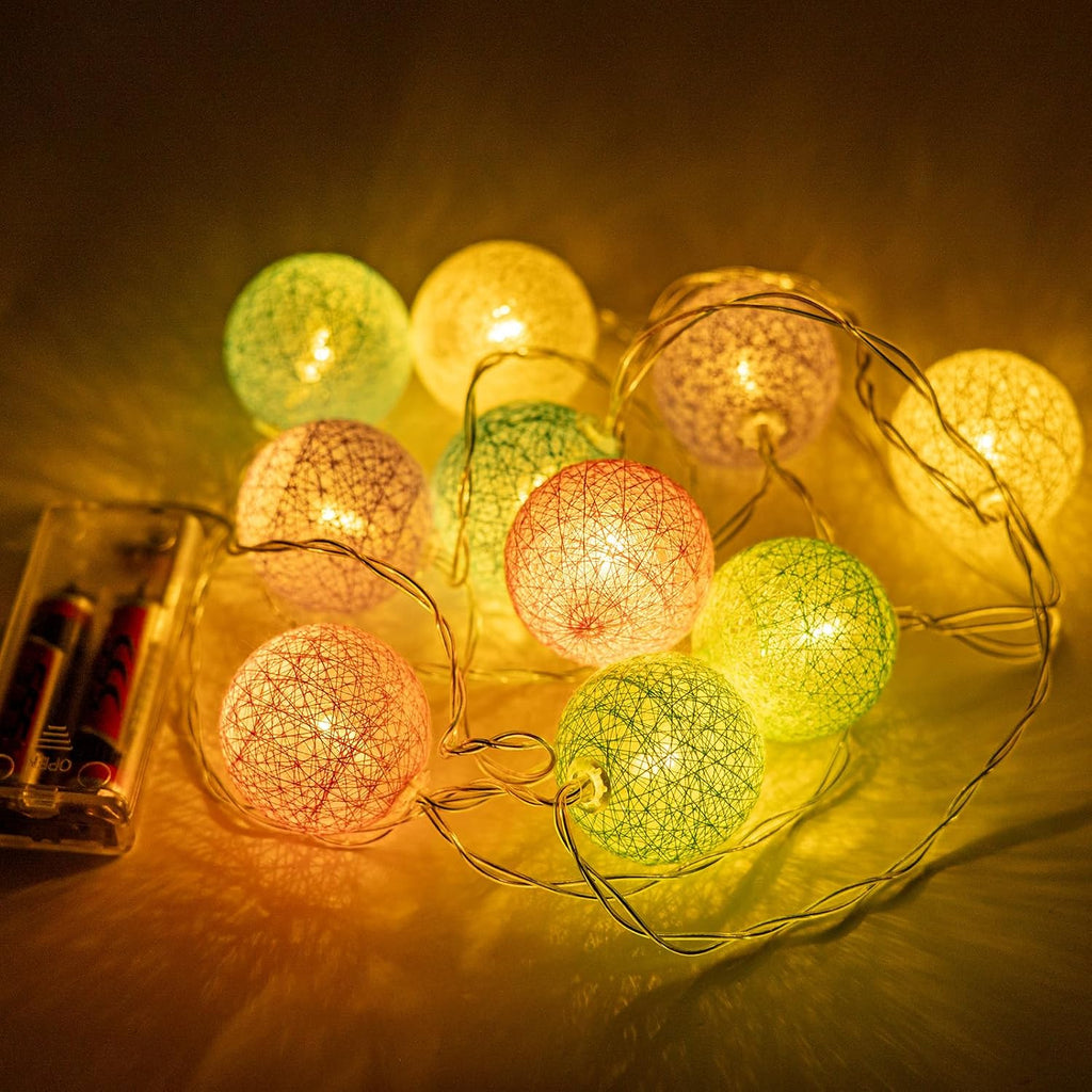 Anordsem Battery String Light Indoor: 6.88Ft/10 LED Cotton Ball Lanterns 2 Pack - Fairy Macaron Color Lighting Hanging Deco for Bedroom Party - Birthday Gifts for Babies Adults 25-50