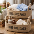 2 Pack Cotton Rope Storage Baskets, Toilet Tank Basket with Handles, "HOME. LOVE. FAMILY" Embroidered Bathroom Organizer Bin, Rectangular Woven Storage Basket for Bathroom, Shelves, Countertop, Vanity