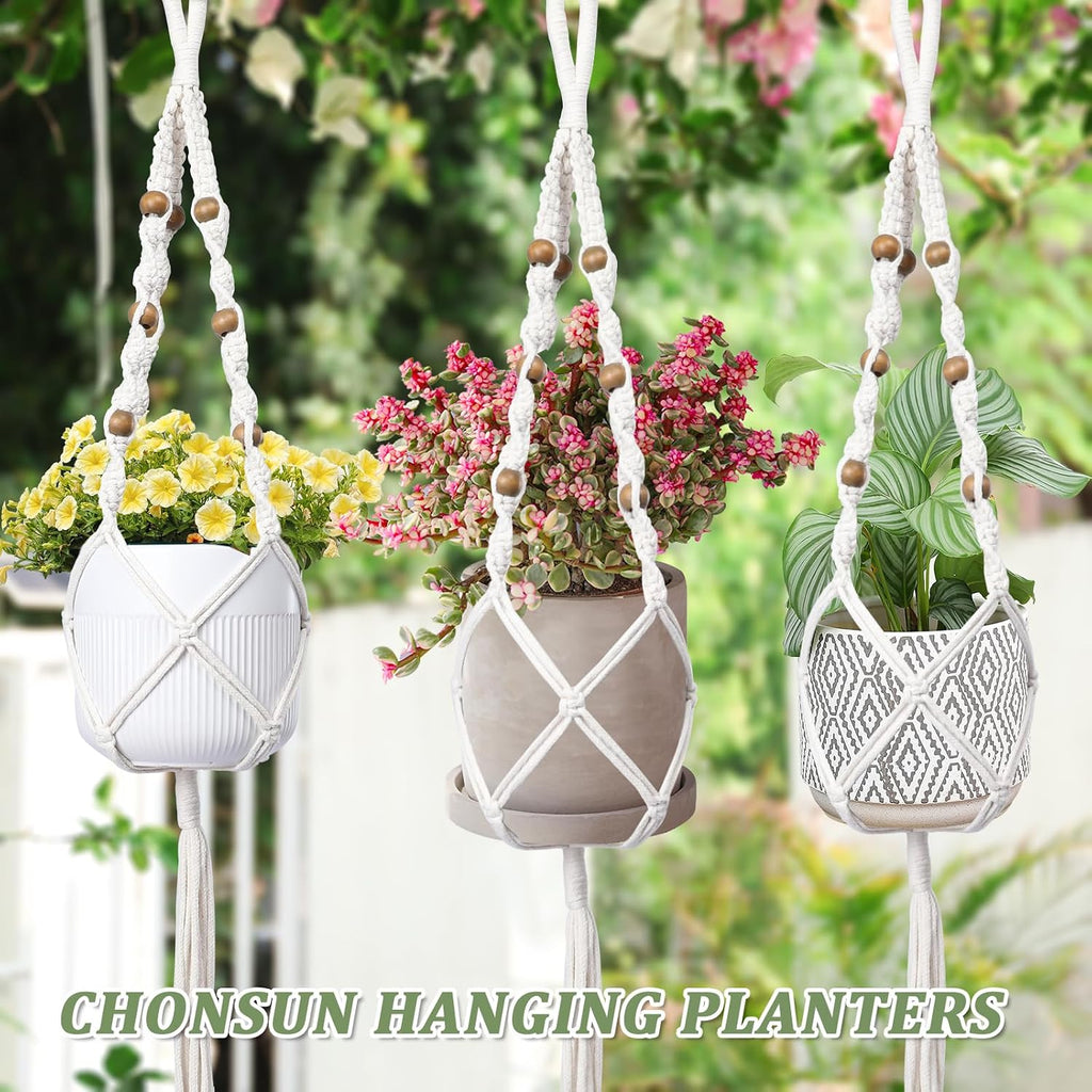 3 Pack Macrame Plant Hangers for 5-9 Inch Pots, Cotton Rope, Wooden Beads