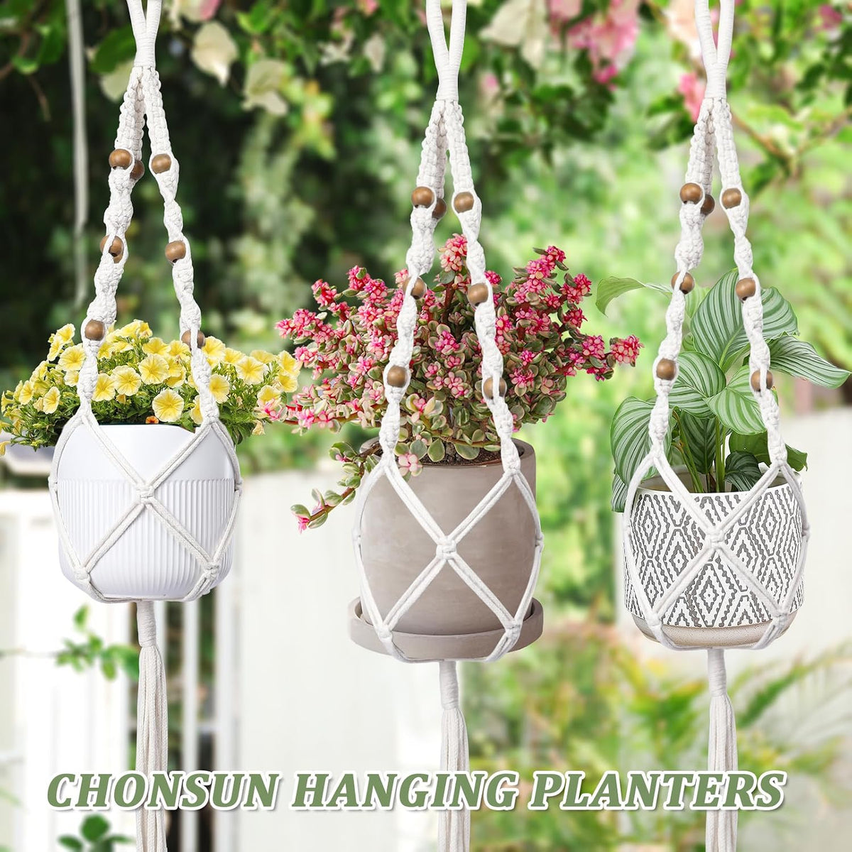 3 Pack Macrame Plant Hangers for 5-9 Inch Pots, Cotton Rope, Wooden Beads