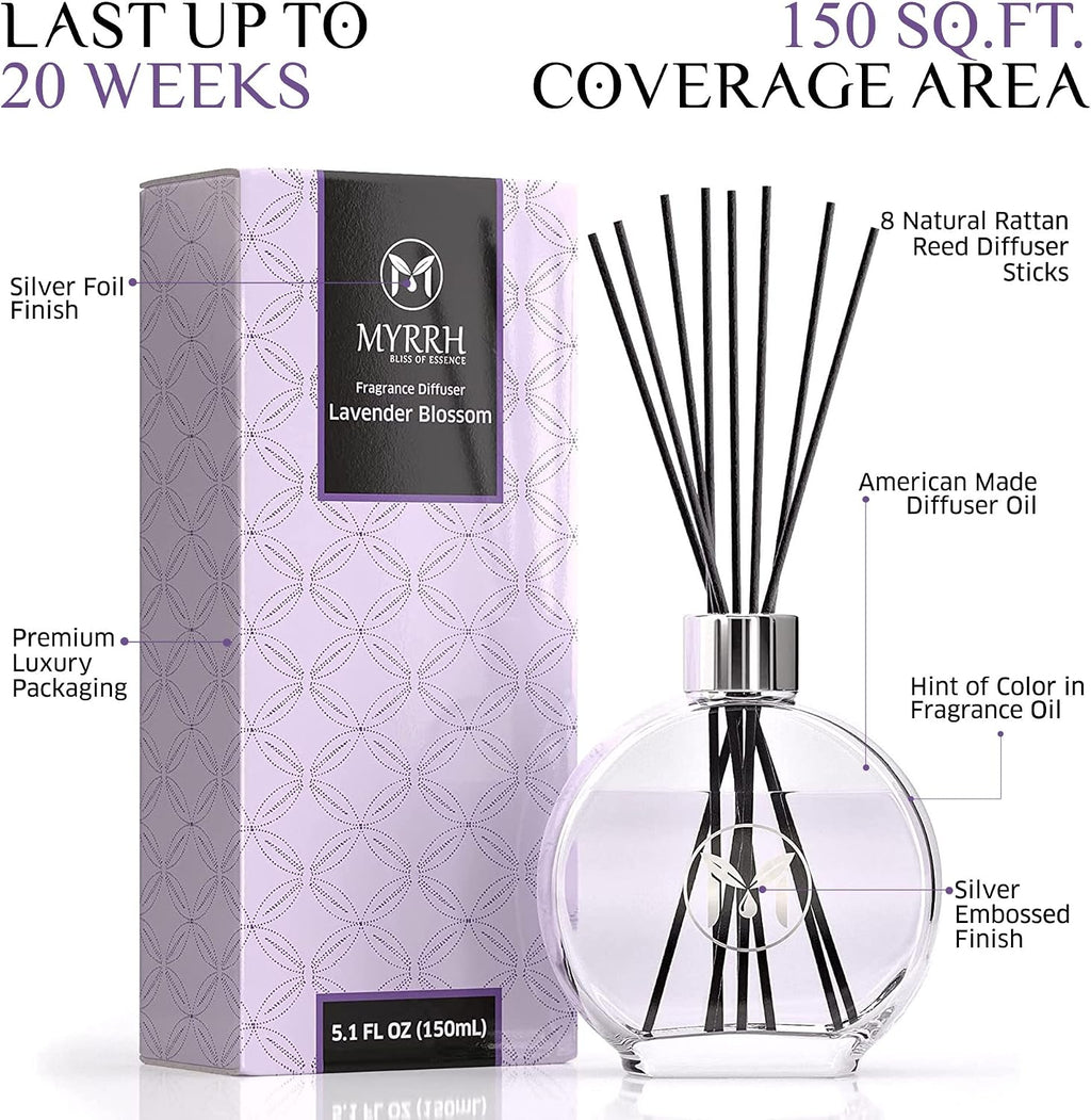 Lavender Blossom Scented Reed Diffuser Set with 8 Rattan Diffuser Sticks, 150 ml, All Natural Air Freshener, Long-Lasting Diffusers at Home - MyrrhUSA