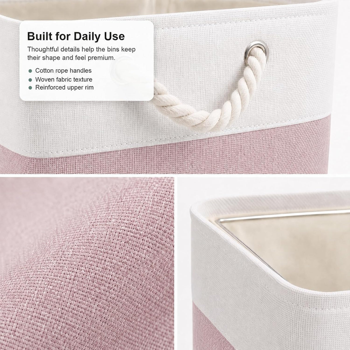 11x11 Inch Cube Storage Bins, 6 Pack Collapsible Fabric Storage Cubes with Rope Handles, Waterproof Foldable Storage Baskets for Cube Shelves, Closet, Clothes, Toys, Books, White & Pink