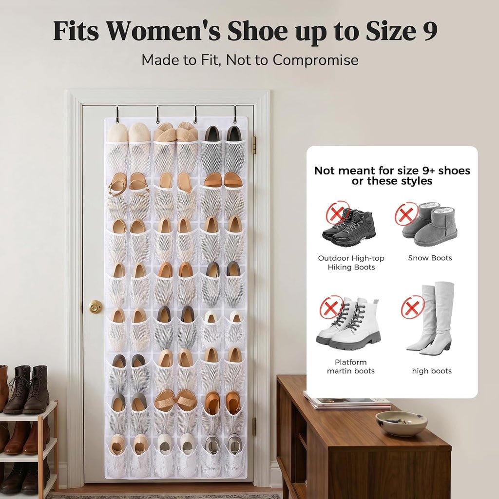 48 Pockets Over the Door Shoe Organizer, Fits Women's Shoes Up to US Size 9, 6-Column Heavy Duty Shoe Storage for Sneakers & Heels, Mesh Hanging Rack for Entryway, Bedroom & Dorm, White
