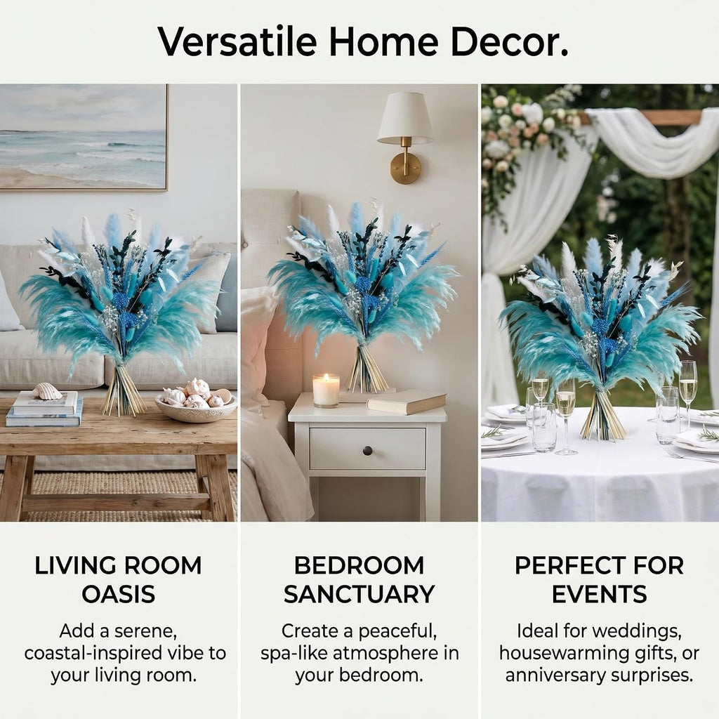 Blue Dried Flowers Bouquet with Pampas Grass - Boho Home Decor and DIY Floral Arrangements for Bedroom, Office, and Wedding Centerpieces