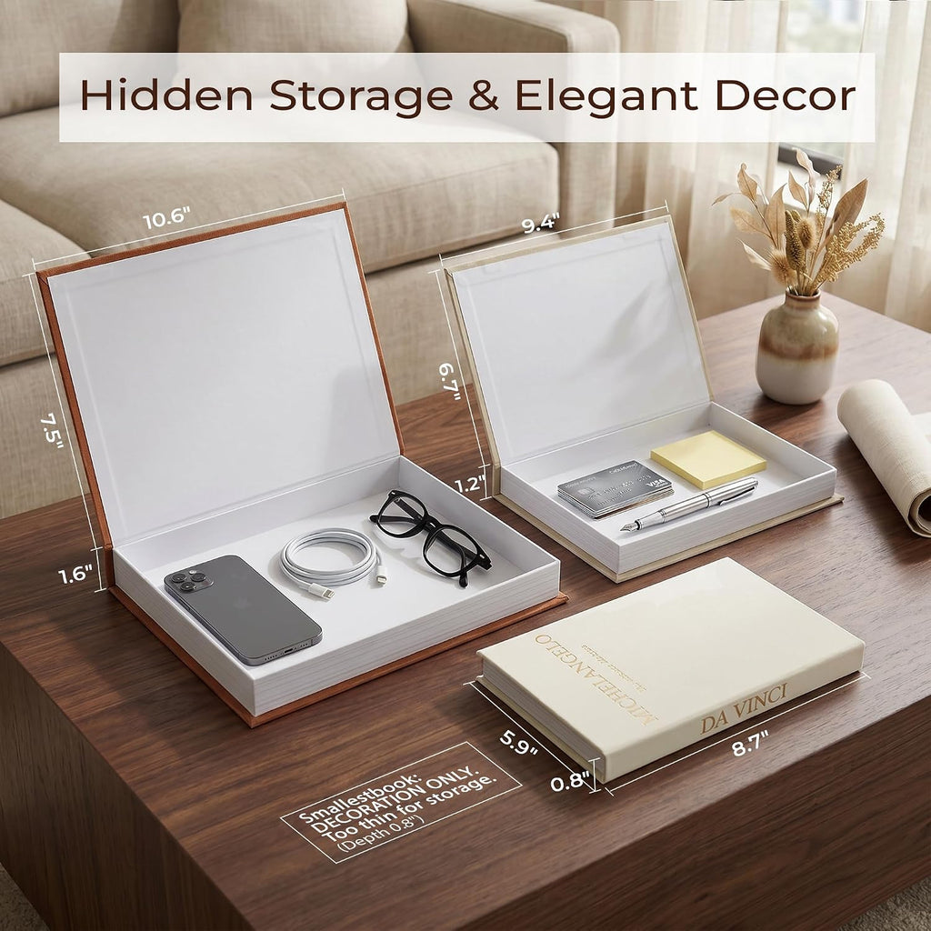3-Piece Linen Decorative Book Box Set, Fabric Covered Fake Books for Shelf Decor, Modern Aesthetic Storage Books with Secret Compartment, Neutral Home Decor (Terracotta-Beige-White)