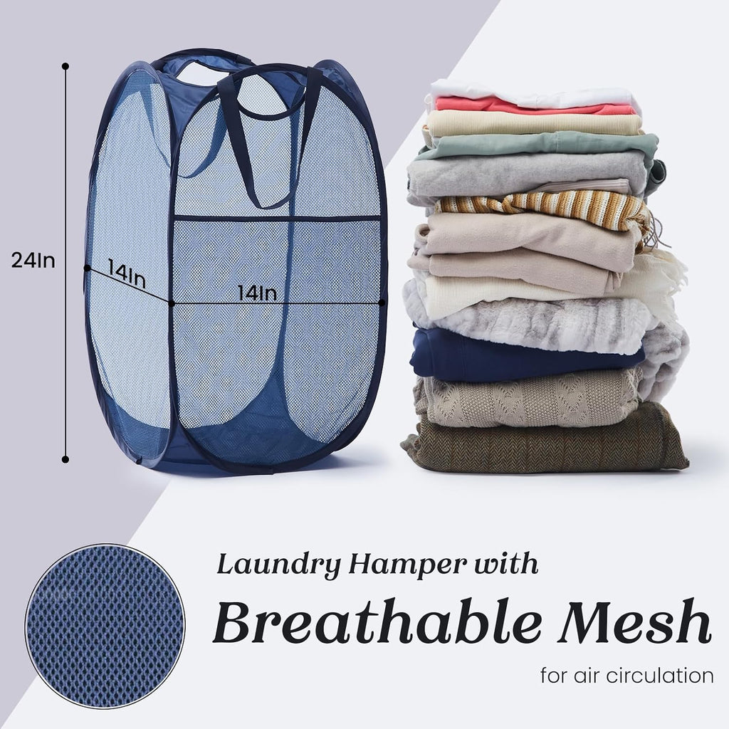 Collapsible Mesh Laundry Basket with Side Pocket & Sturdy Handles