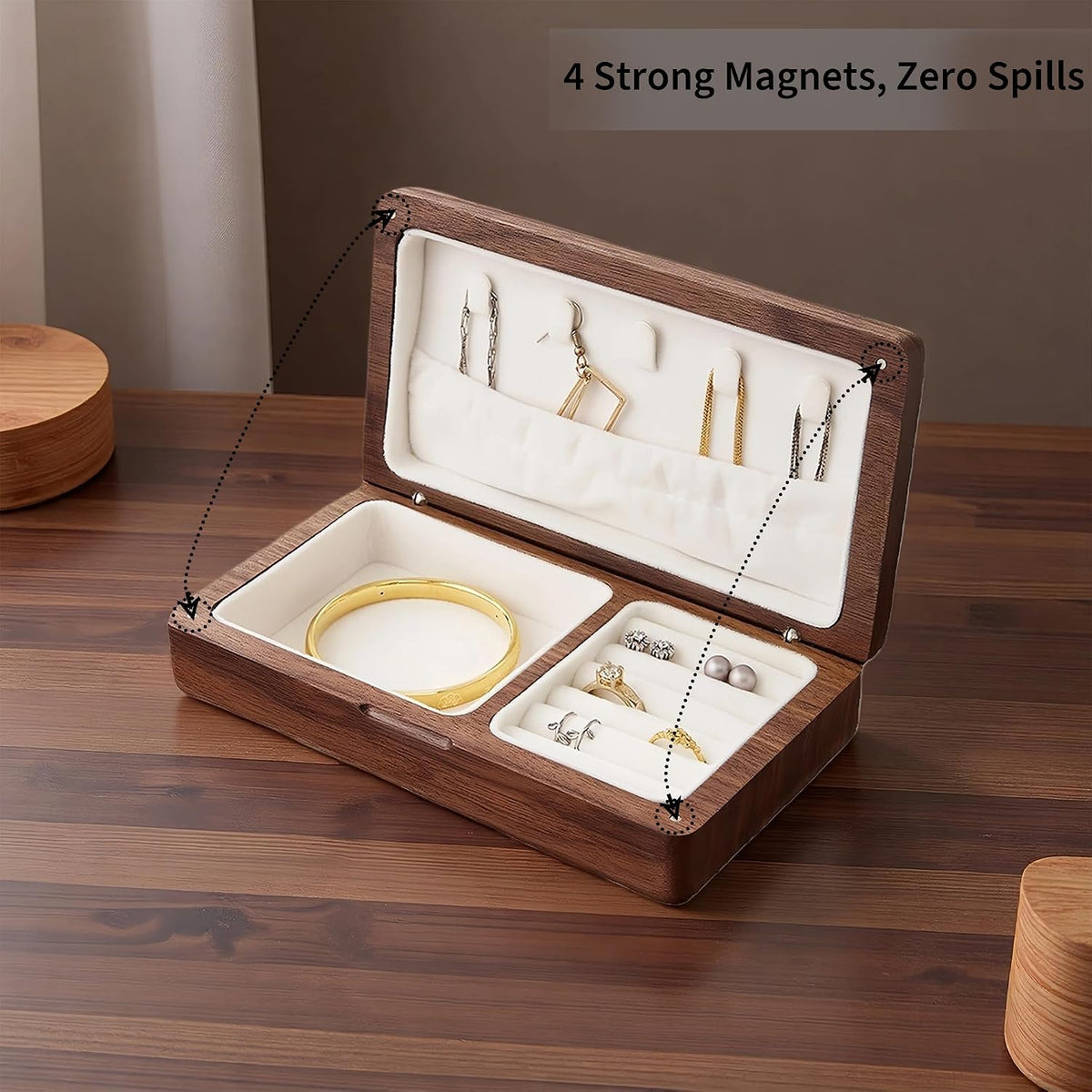 Solid Walnut Wood Jewelry Box for Women & Men - Vintage Travel Organizer with Portable Mini Case, Earring Storage, chinoiserie Handcrafted Gift (Walnut, Square)