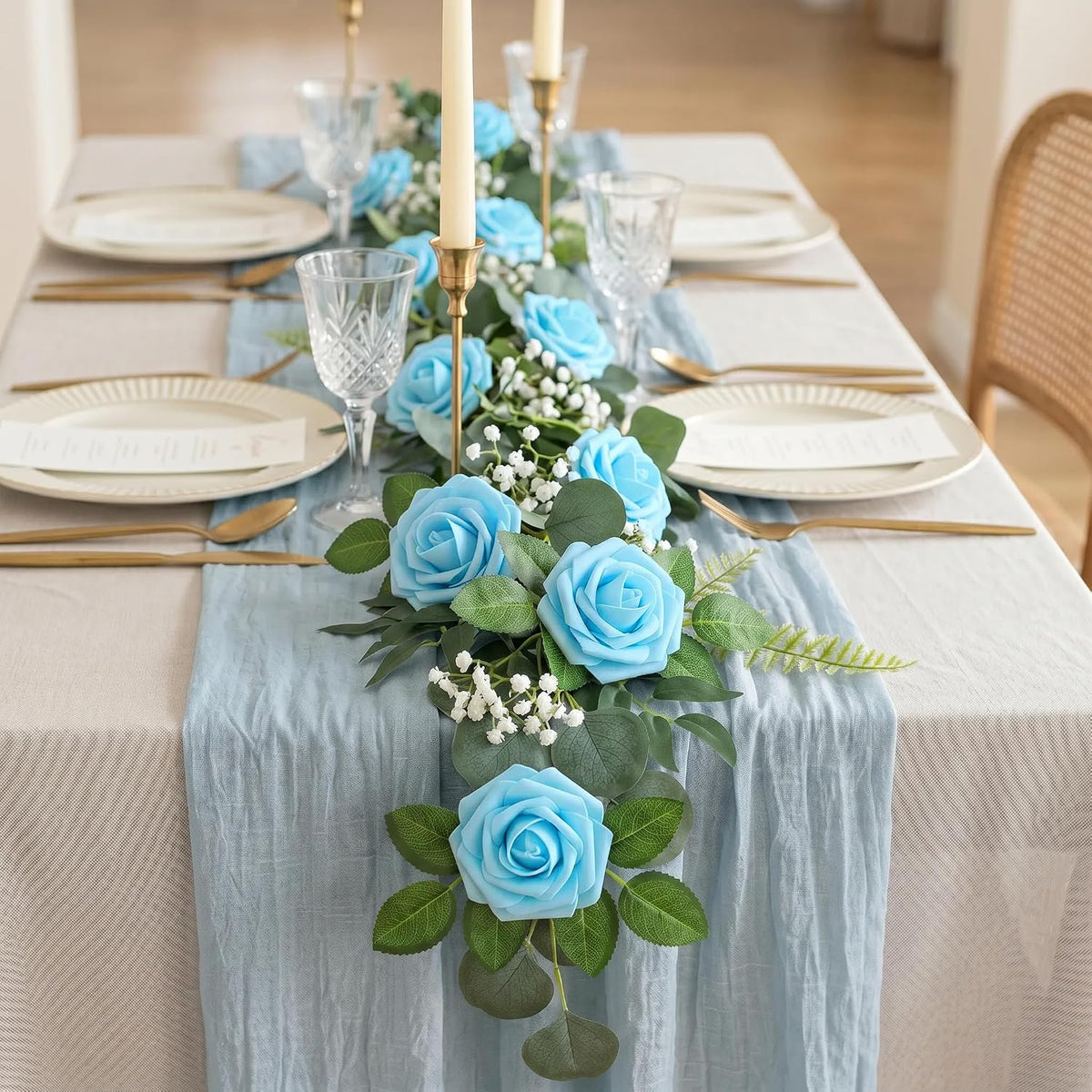 XIANNVXI 16Pcs Light Blue Artificial Rose Flowers