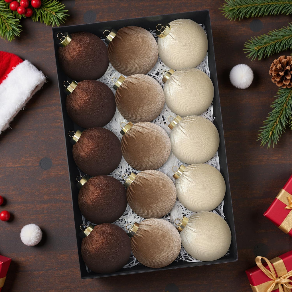 15Pcs 3.15" Large Brown Velvet Balls Ornaments Set for Christmas Tree