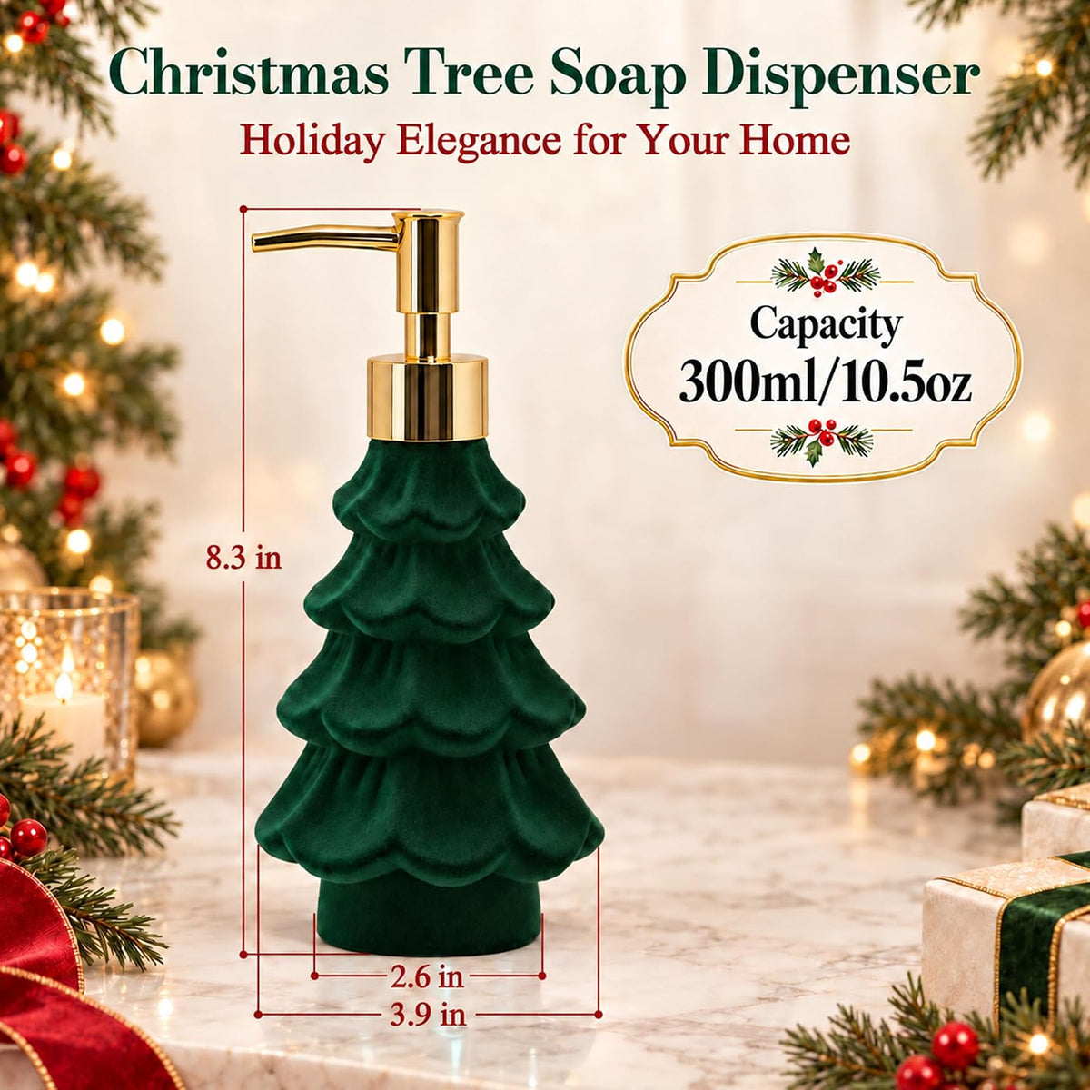 Christmas Soap Dispenser,Flocked Green Christmas Tree for Bathroom Kitchen