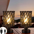 Cordless Outdoor Table Lamps, Small Rattan Boho, Rechargeable Battery Operated for Outdoor Patio, Home, Living Room, Bedroom, Bedside - Set of 2 (Black-A)