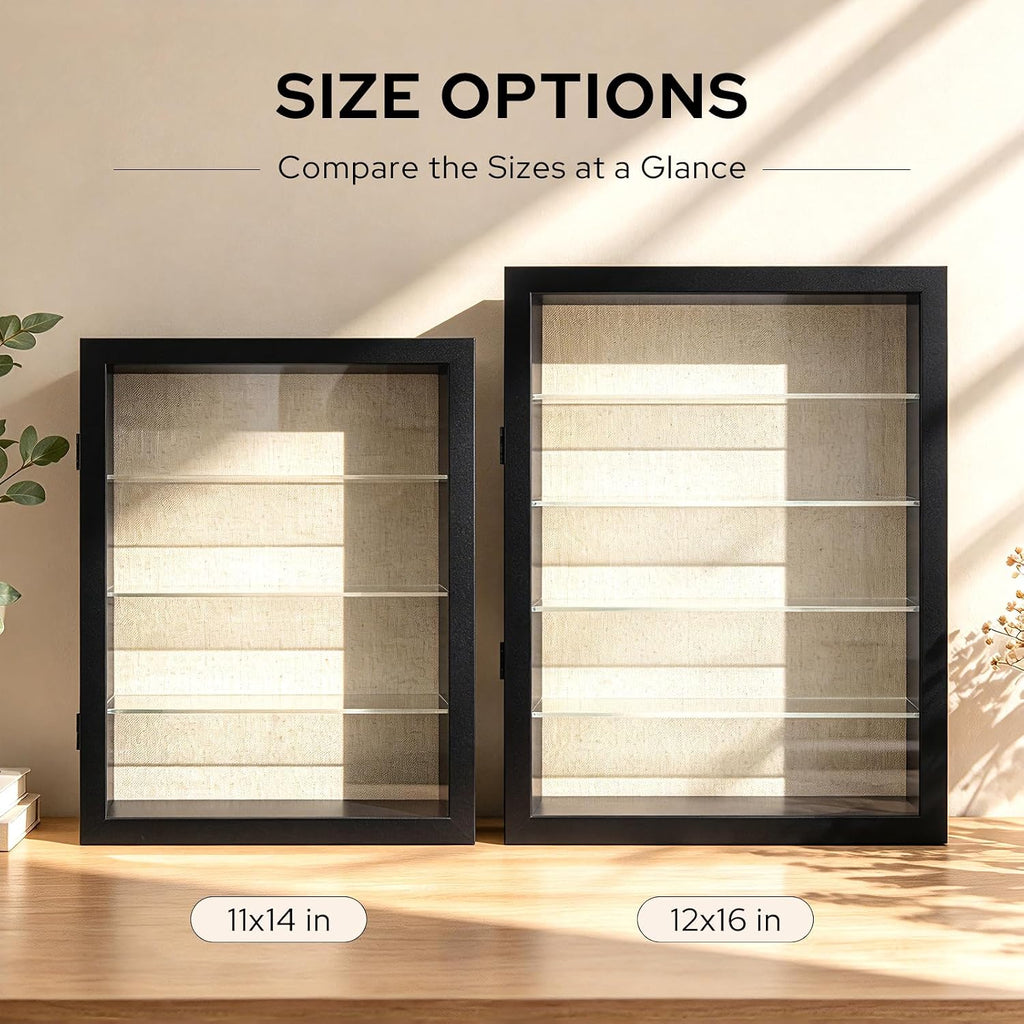 12x16 Shadow Box Display Cases with 4 Removable Clear Shelves, Black