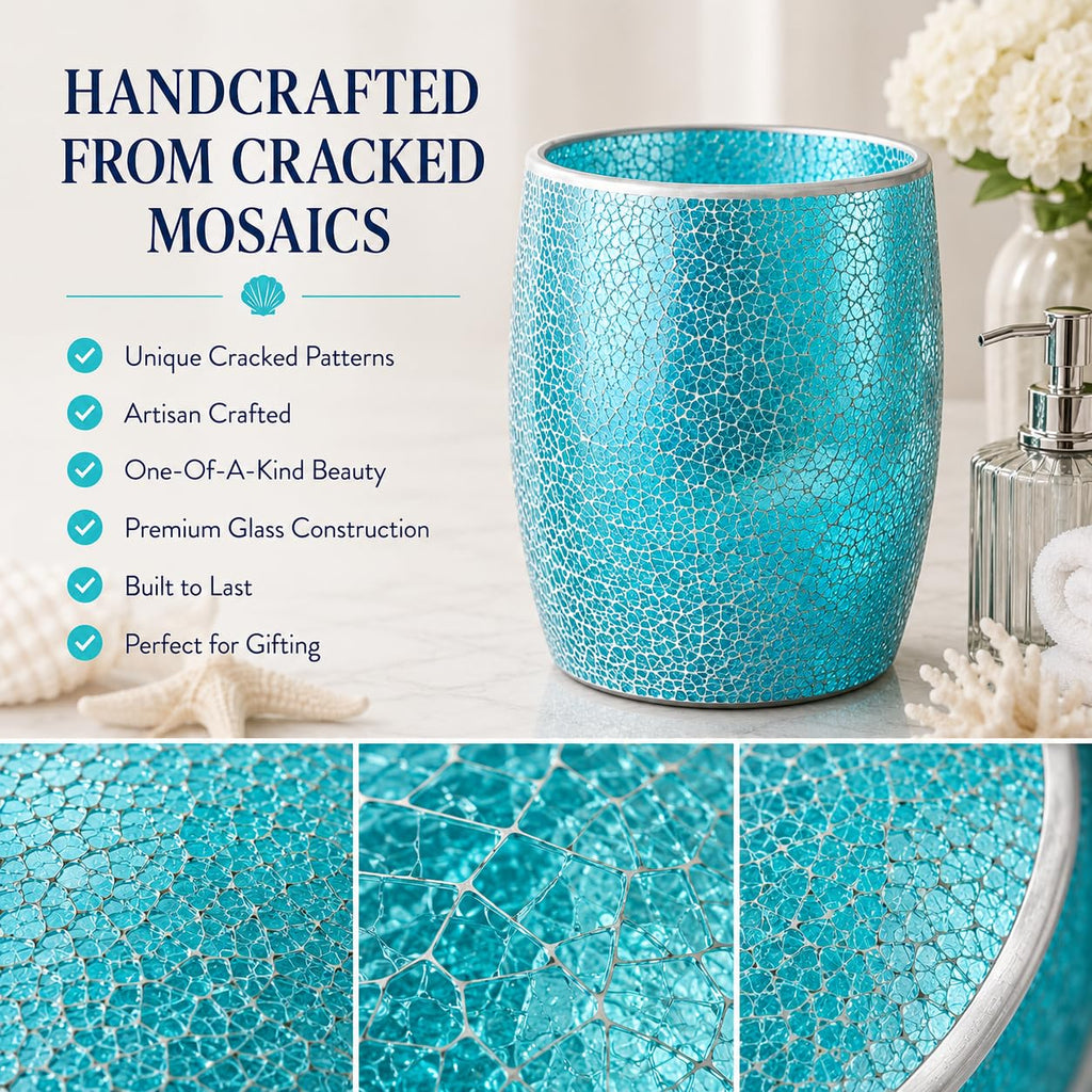 Escenzy Turquoise Bathroom Trash Can, Handmade Mosaic Glass 1.3 Gal / 5L | Decorative Waste Basket for Bathroom, Bedroom, Office | Luxury Coastal Bathroom Decor | Boho Home Decor Gift