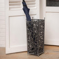 Vintage Black Metal Umbrella Holder with Ornate Cutout Pattern Antique Decorative Umbrella Stand with Detachable Drip Tray for Entryway Storage Umbrellas Canes & Walking Sticks (Black)