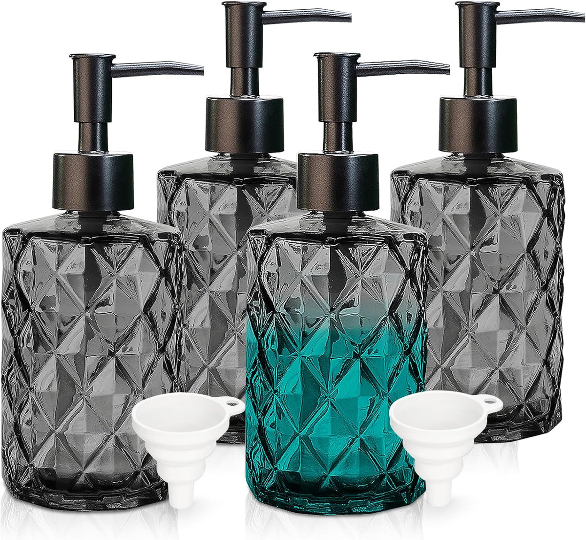 4pcs Black Glass Soap Dispenser Set, 11oz/330ml Diamond Hand Soap Dispenser