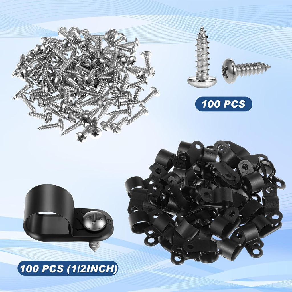 Hicarer 100 Pcs R-Type Cable Clips with Screws Wire Cord,Black,1/2inch