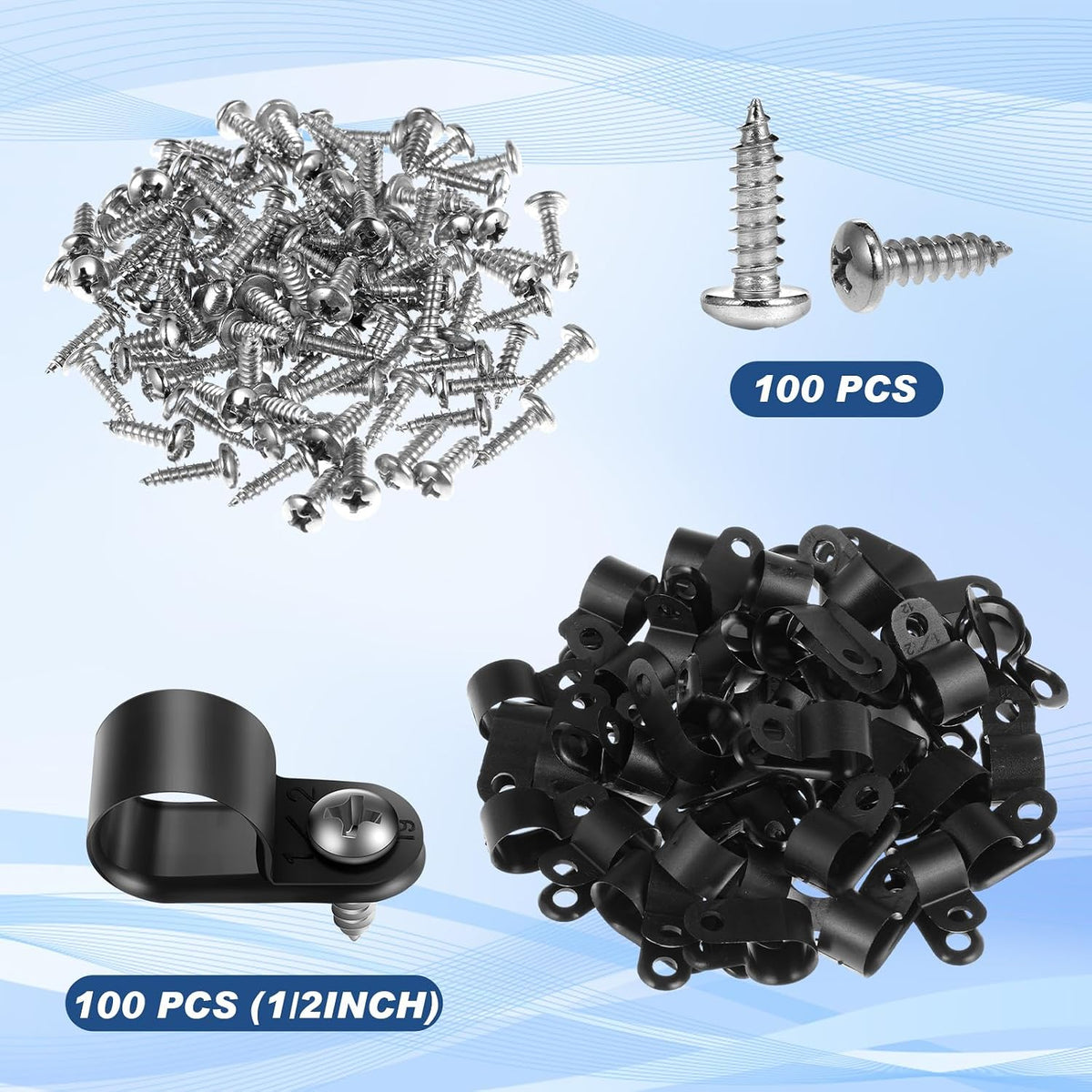 Hicarer 100 Pcs R-Type Cable Clips with Screws Wire Cord,Black,1/2inch