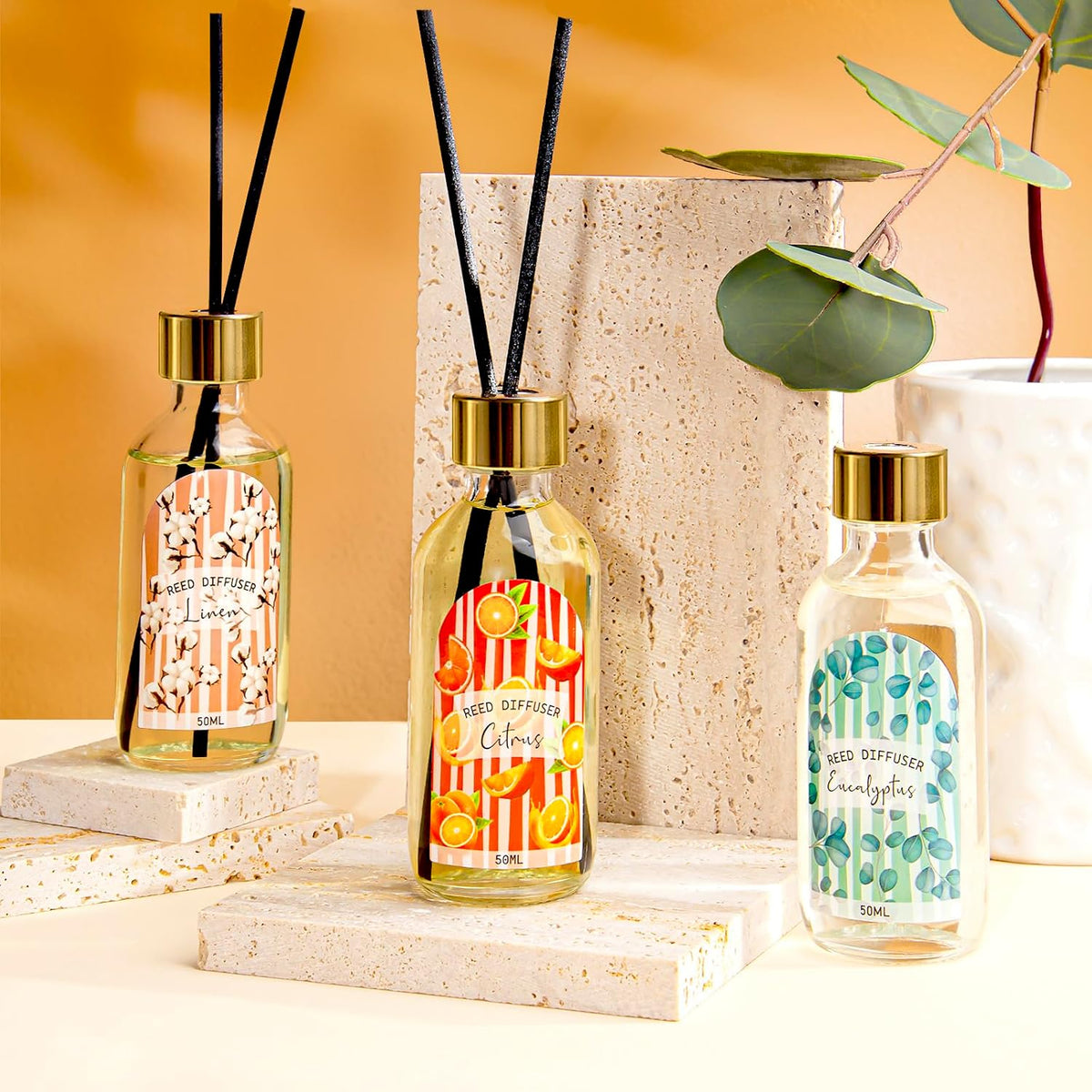 3 Pack Reed Diffuser Set, Linen Eucalyptus Citrus Scented Oil Reed Diffusers for Home, Bathroom, Office Decor, Aromatherapy Diffuser with 15 Sticks, 1.7 Fl. Oz Each, Total 5.1 Fl. Oz