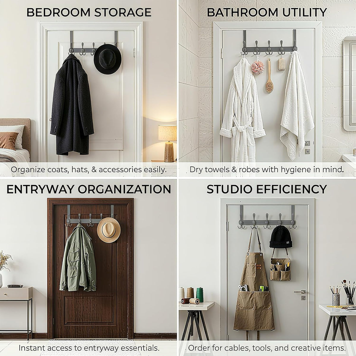 Over The Door Hooks (2-Pack), Heavy Duty Door Hanger with 5 Tri-Hooks for Hanging Clothes, Coats, Towels, Matte Gray OTD Storage Rack, Fits Standard 1-3/4" Doors, 60 lbs Max Per Rack