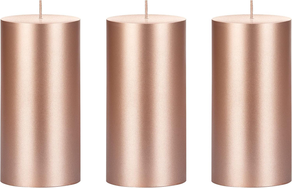 Mega Candles 3 pcs Unscented Solid Rose Gold Pillar Candles, Hand Poured Premium Wax Candle 3 Inch x 6 Inch, Home Décor, Spas, Weddings, Occasions, Party, Centerpieces, Holidays, Vigils, Prayers