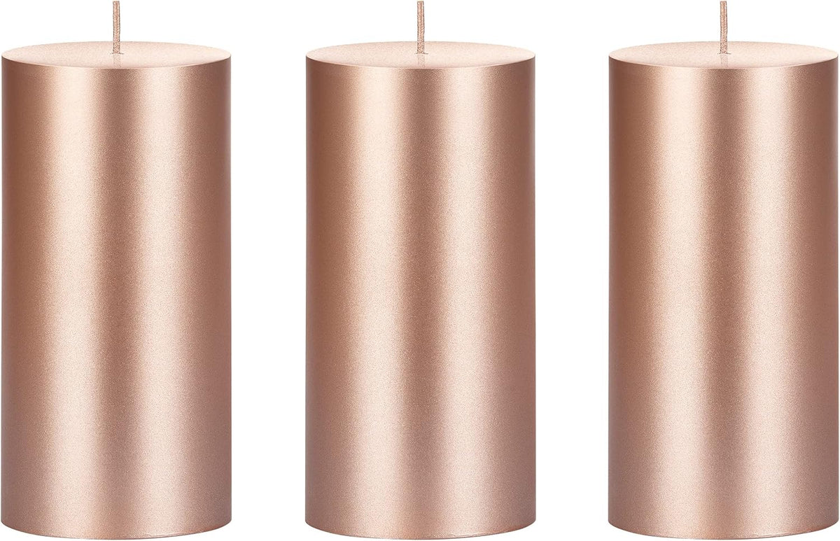 Mega Candles 3 pcs Unscented Solid Rose Gold Pillar Candles, Hand Poured Premium Wax Candle 3 Inch x 6 Inch, Home Décor, Spas, Weddings, Occasions, Party, Centerpieces, Holidays, Vigils, Prayers