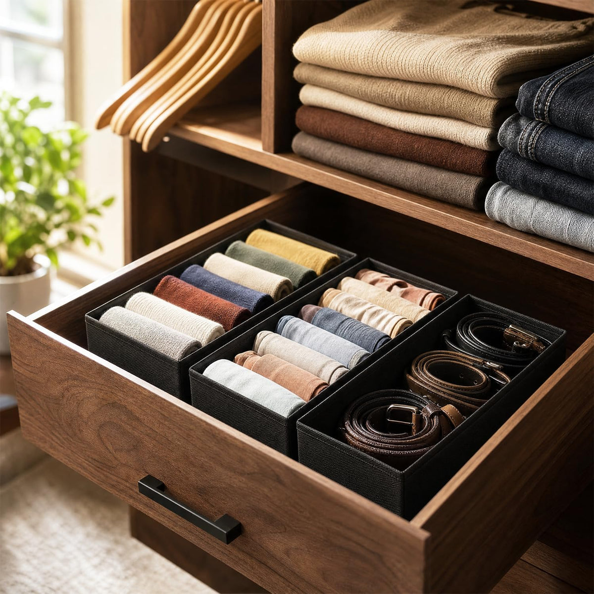 3 PACK Drawer Organizer Clothes，drawer Divider， Dresser Drawer Storage for Sock, Underwear, Bra，Panties，Belt, Tie, Stockings, Leggings & Accessories (Black)