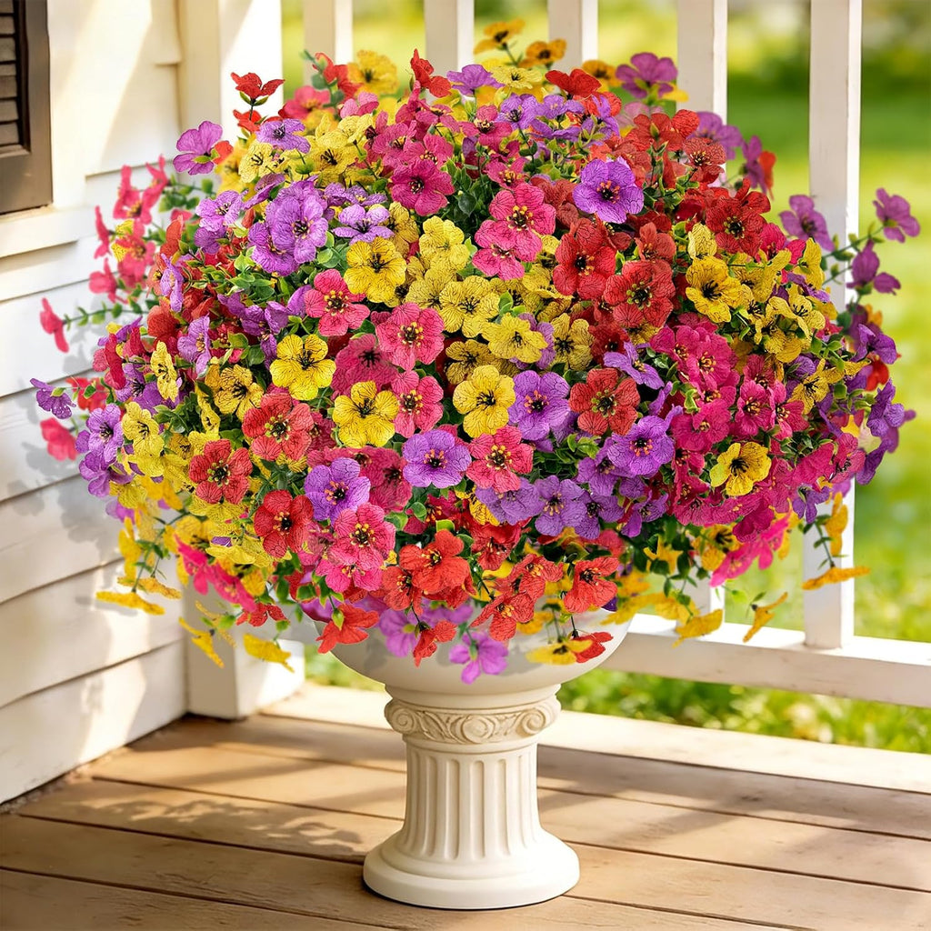 12 Bundles Artificial Flowers for Outdoors, Fake Silk Plastic Flowers for Outside, UV Resistant Faux Plants for Outside Garden Porch Window Home Planters Decoration (4 Multicolor)