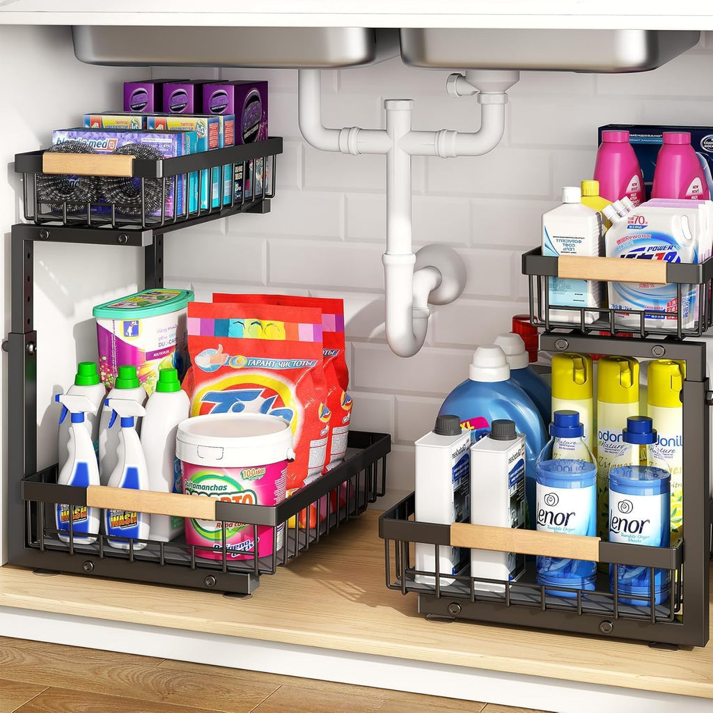 PXRACK Under Sink Organizer, Adjustable Height, 2 Tier Pull Out Under Cabinet Organizer, Slide Out Thickened Metal Under Sink Storage for Kitchen Bathroom Laundry Pantry Cabinet, Black, Small-2-Pack